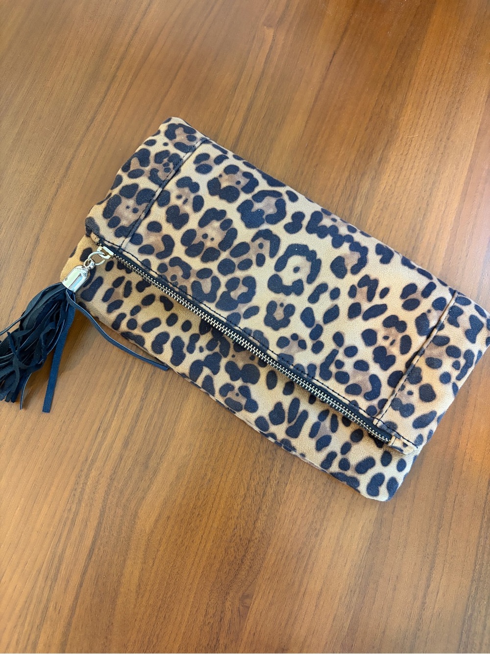 Leopard Print Fold-Over Clutch with Tassel